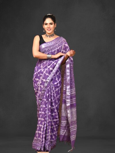 Handblock print linen saree with blouse piece