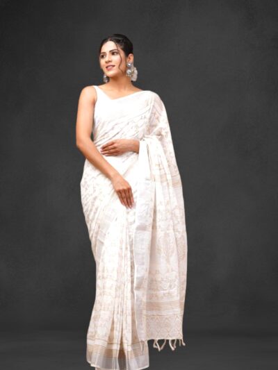 Handblock printed linen saree with blouse