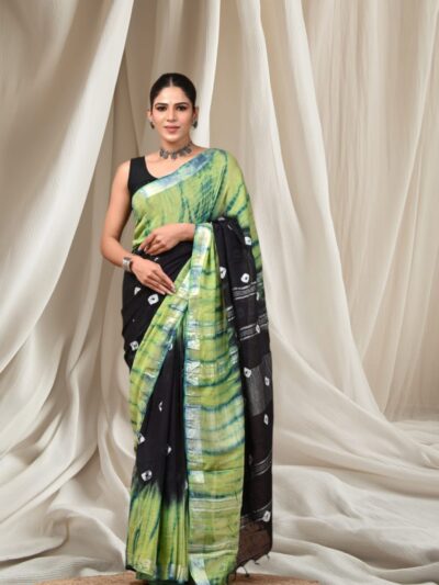 Handblock print linen saree with blouse piece