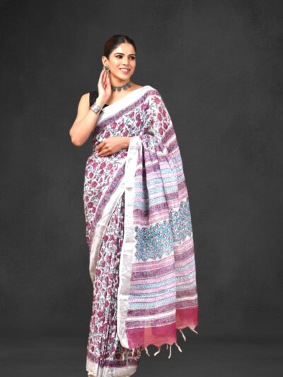Handblock print linen saree with blouse piece