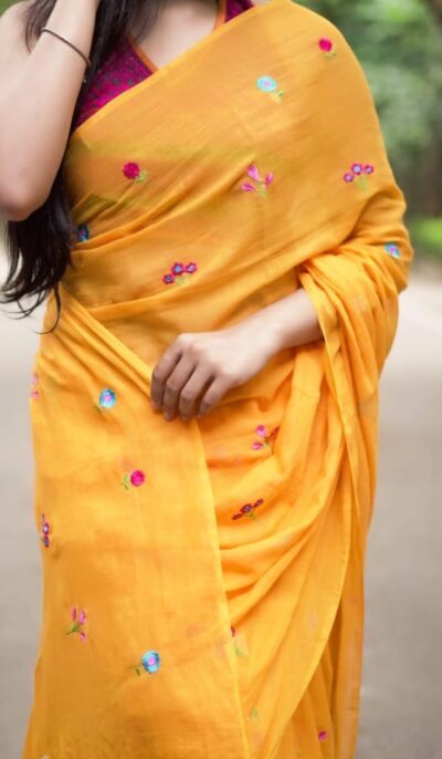 Embroidered mul cotton saree